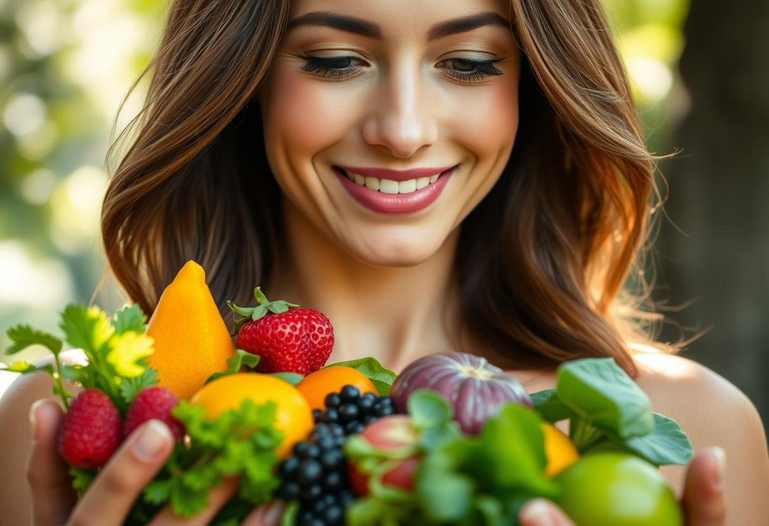 Fresh fruits, vegetables, nuts, and seeds arranged on a white table symbolizing skin and hair-boosting nutrition