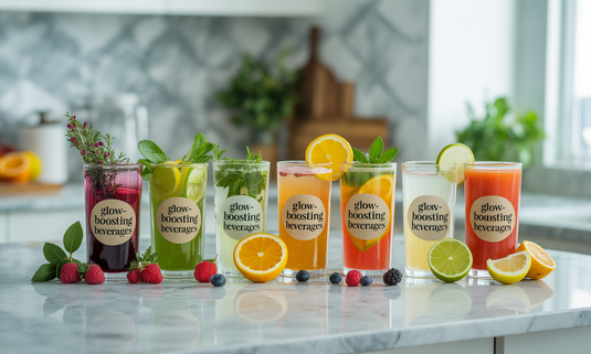 Glass of healthy glow-boosting beverages including green tea, carrot beetroot juice, and turmeric golden milk, promoting brighter and healthier skin