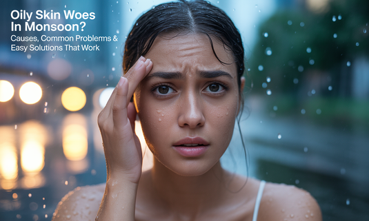 Woman with fresh, oil-free skin smiling under a rainy sky – Glamacious monsoon skincare routine