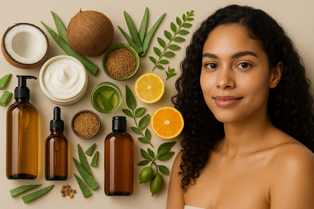 Natural skincare and haircare products from Glamacious with ingredients like aloe vera and coconut, shown on a clean background to highlight cruelty-free, vegan, and chemical-free beauty