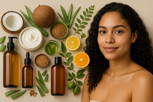Natural skincare and haircare products from Glamacious with ingredients like aloe vera and coconut, shown on a clean background to highlight cruelty-free, vegan, and chemical-free beauty