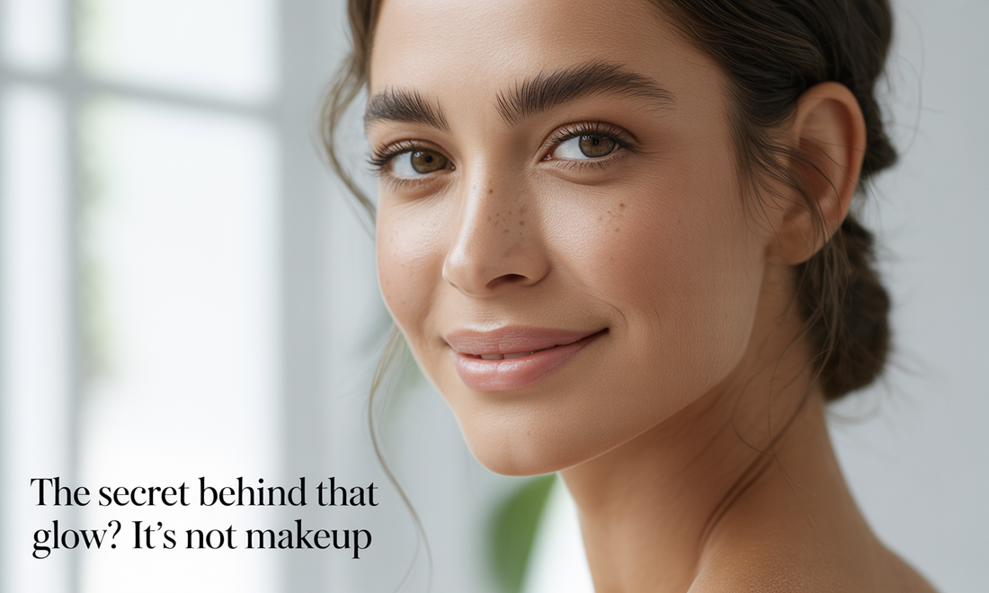 Smiling woman with naturally glowing skin, no makeup look