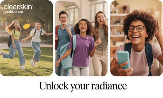 Smiling teenager with clear glowing skin using Glamacious skincare products for acne treatment and confidence.