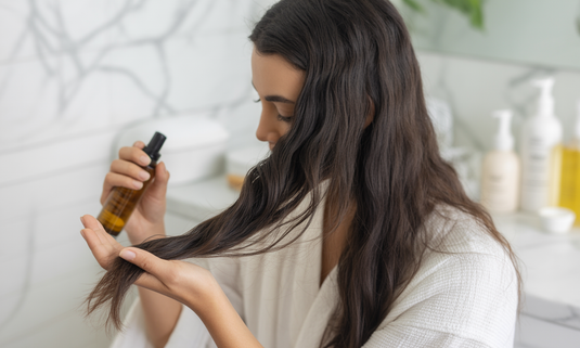 Before and after comparison showing split ends and smooth, healthy hair after repair routine