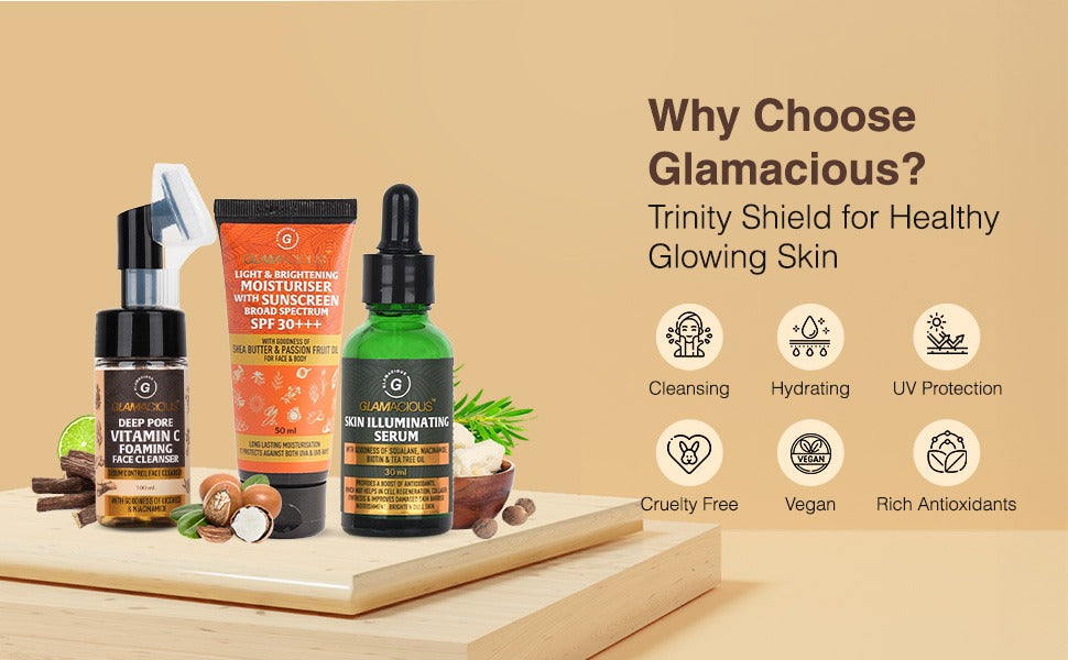 Vegan skincare products from Glamacious on a sustainable bamboo tray
