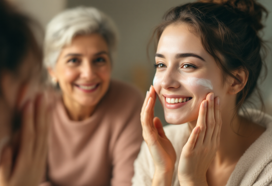 A mother and daughter smiling together during a skincare ritual, highlighting love, tradition, and natural beauty.