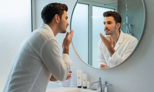 "Man following a simple 10-minute daily skincare routine using Glamacious men’s skincare products for fresh and healthy skin"
