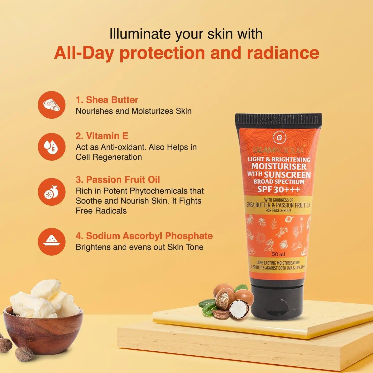 Glamacious Light & Brightening Moisturiser with sunscreen broad spectrum SPF 30+++ - Glamacious