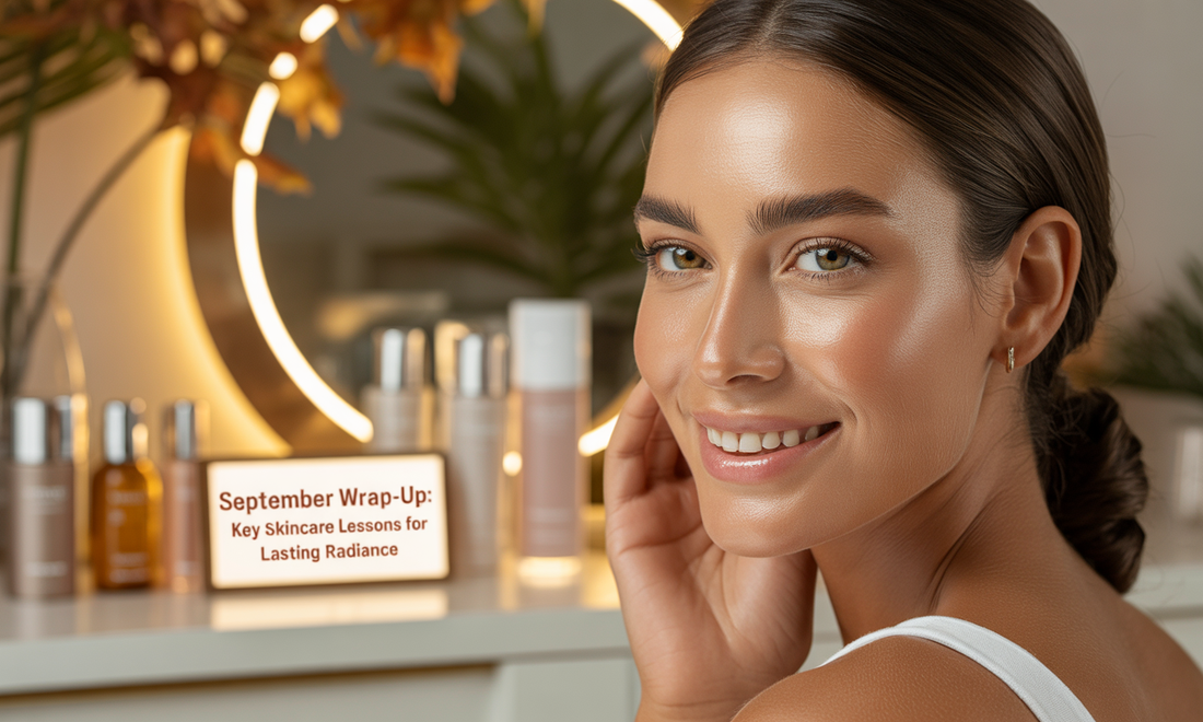 September skincare wrap-up tips for glowing skin with Glamacious products – cleanser, sunscreen, and serum for lasting radiance