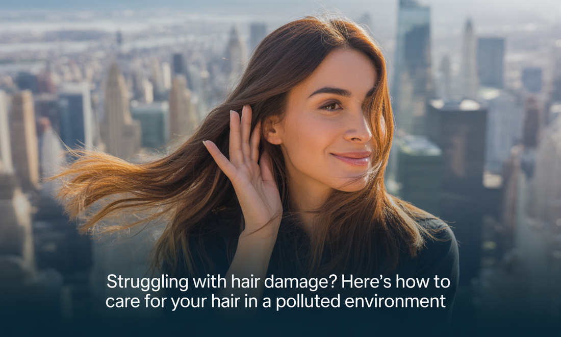 Urban woman shielding hair from pollution with scarf and Glamacious haircare products in hand