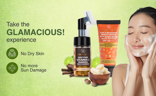 Housewife celebrating festive season with radiant glowing skin using Glamacious skincare products.”