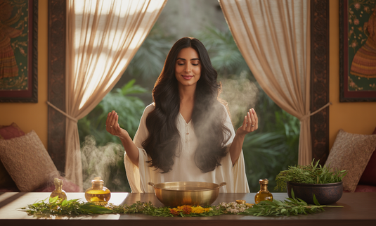 Indian woman with glossy festive-ready hair using Glamacious Pre-Shampoo Conditioning Hair Serum