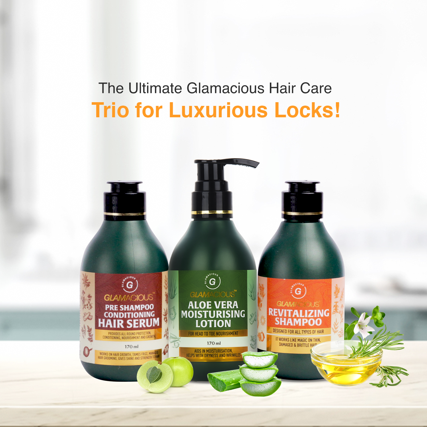 ​Pre-shampoo conditioning hair serum+ Revitalizing shampoo+ Aloe vera moisturising lotion - Glamacious