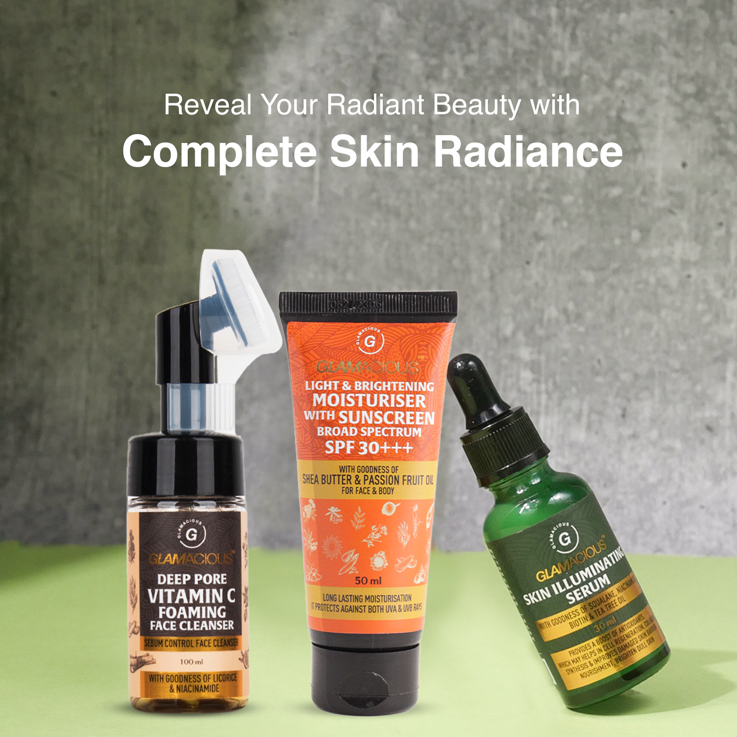 ​Deep pore vit c foaming face cleanser + Light & Brightening  sunscreen with  Moisturiser spf 30+++ ,Skin illumanating Face serum - Glamacious