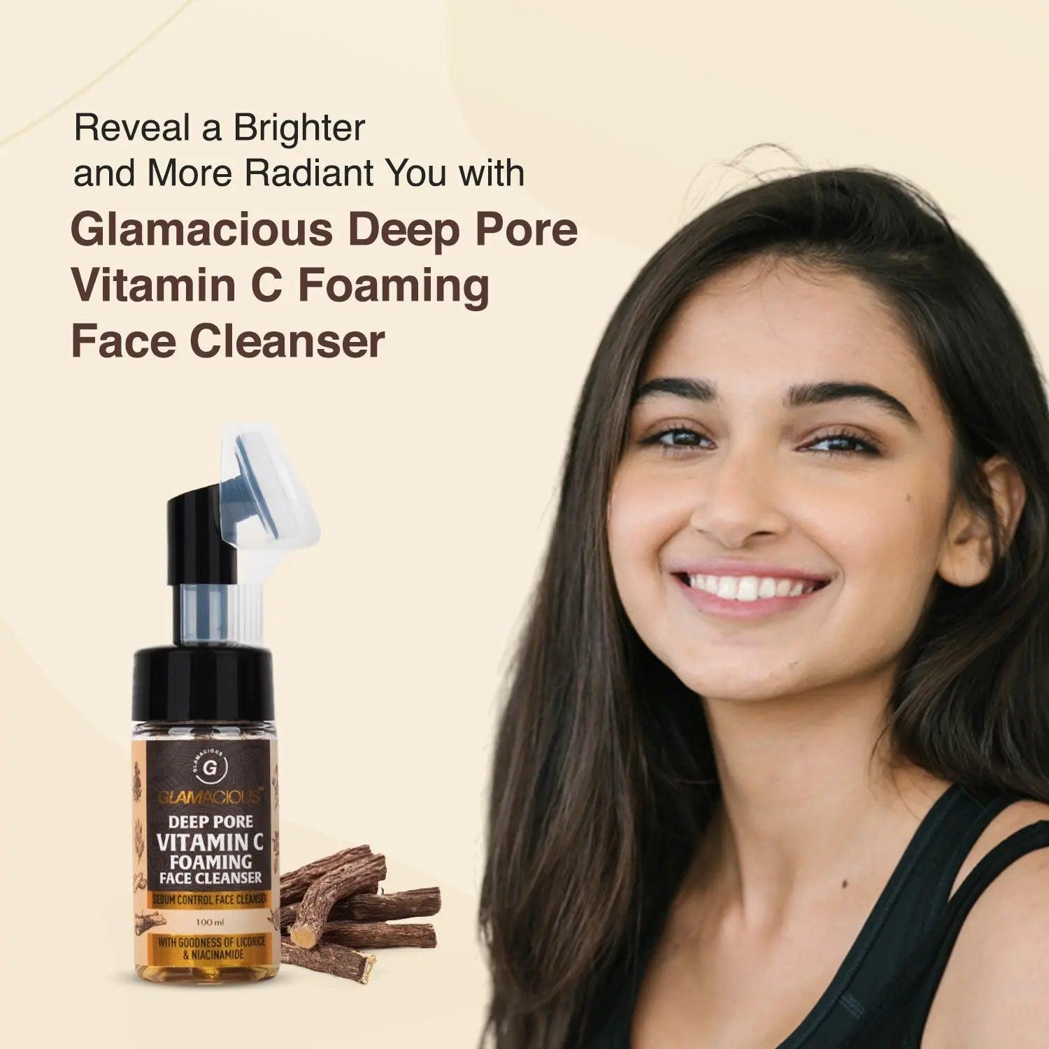 Glamacious Deep Pore Vitamin C Face Wash bottle with a smiling woman and product benefits highlighted