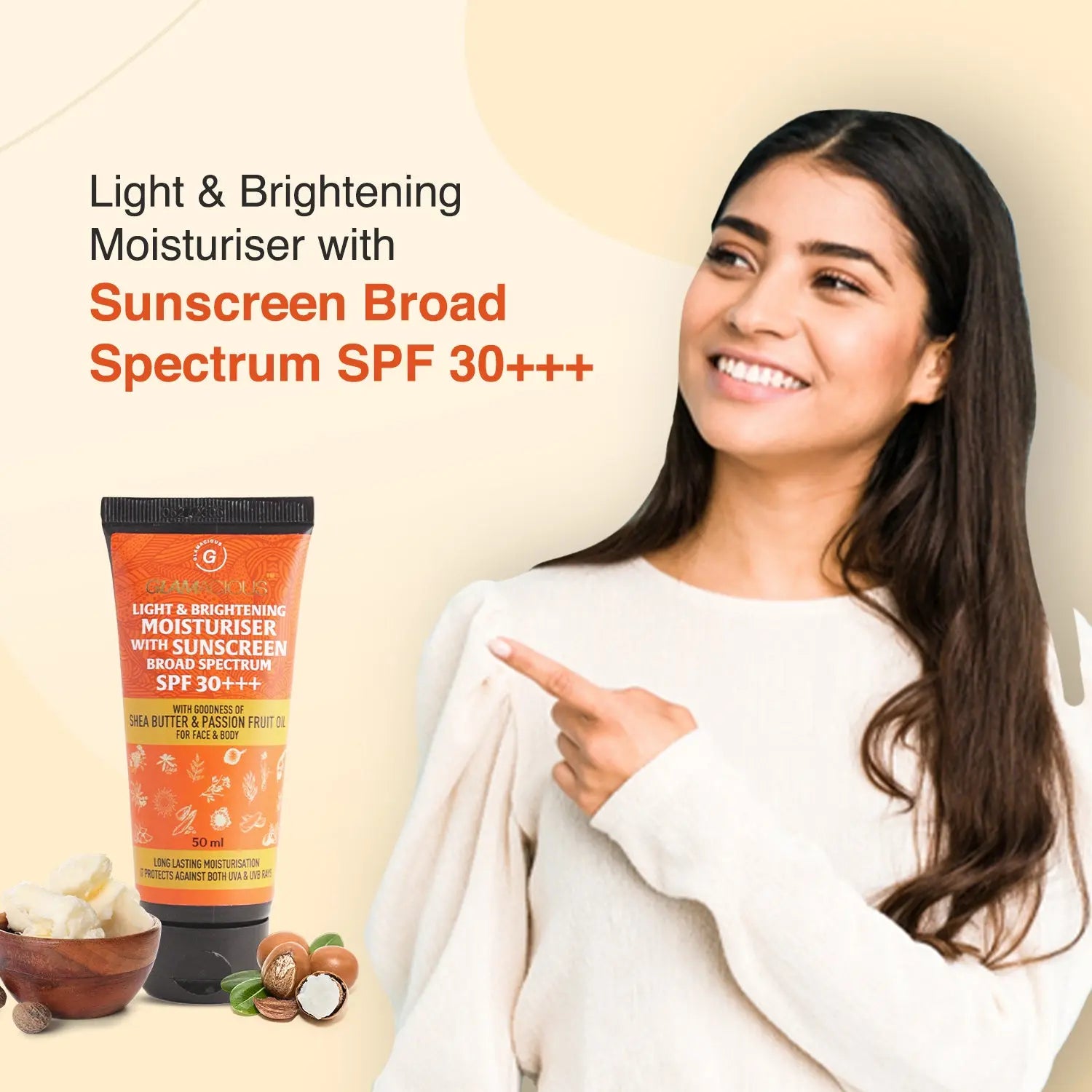 Glamacious Light & Brightening Moisturiser with sunscreen broad spectrum SPF 30+++ - Glamacious