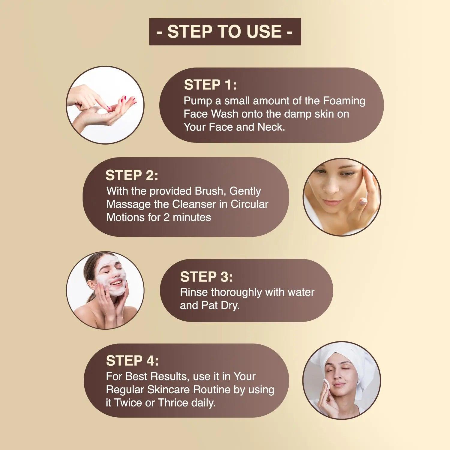 Step-by-step usage guide for Glamacious Vitamin C Face Wash - Pump, Massage, Rinse, Use Daily